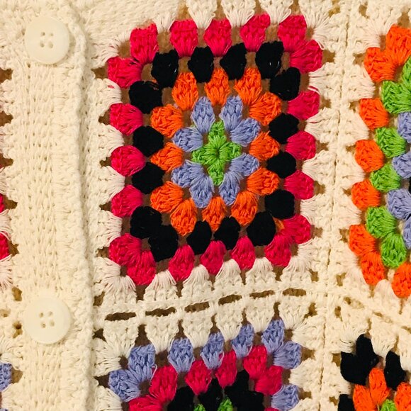 Cardigan/sweater button front crochet granny square patchwork women's M cotton - Picture 5 of 7